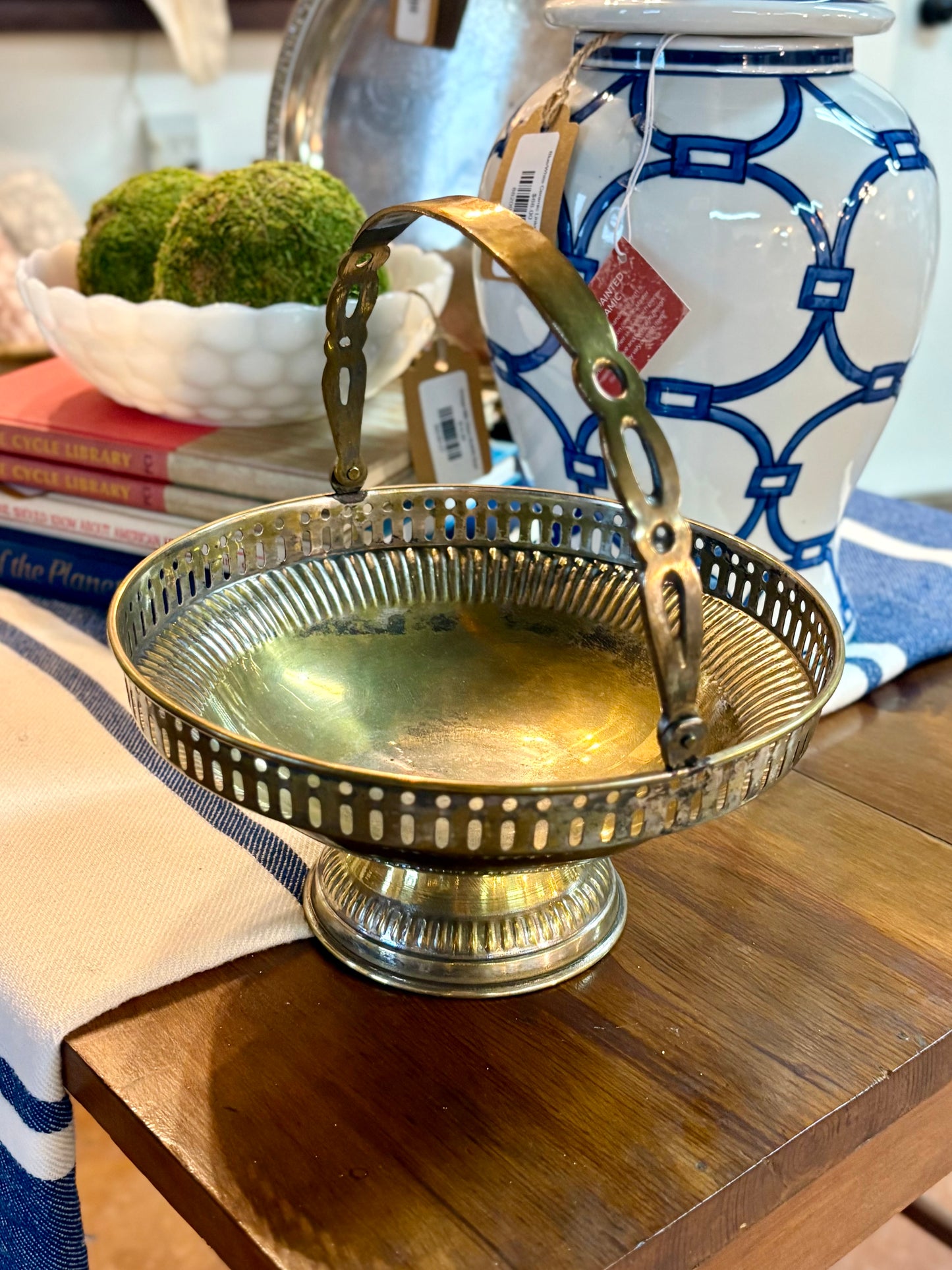 Vintage Brass Pedestal Basket with Swing Handle