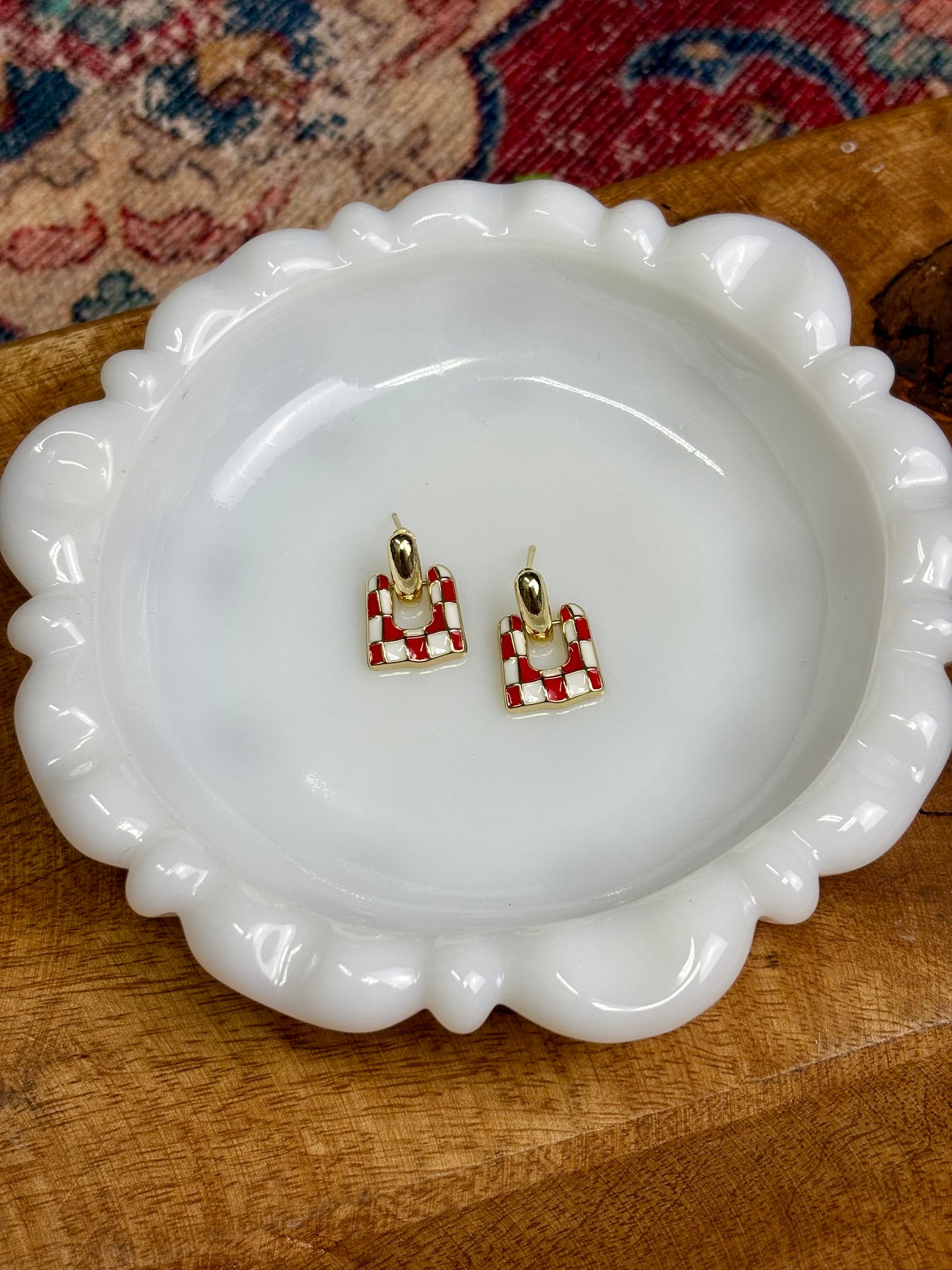 Red & White Checkered Drop Earrings