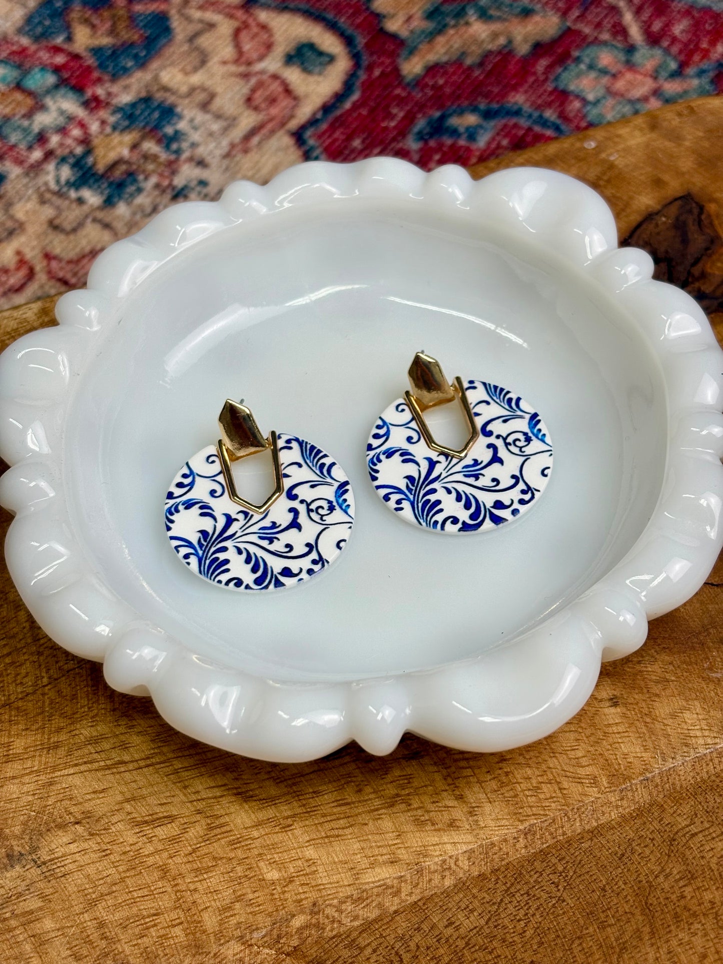 Blue & White Round Earrings