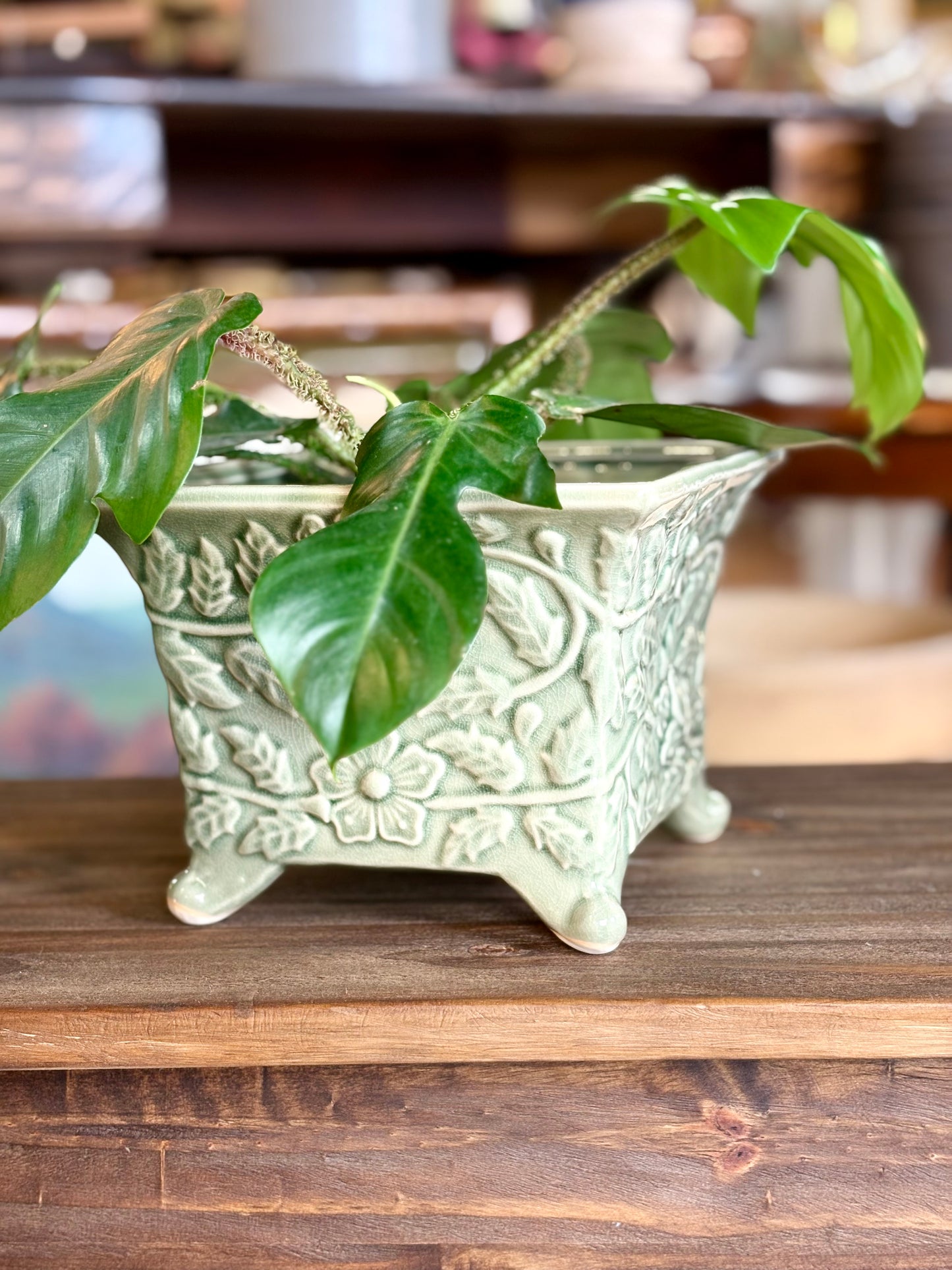 Green Floral Footed Planter