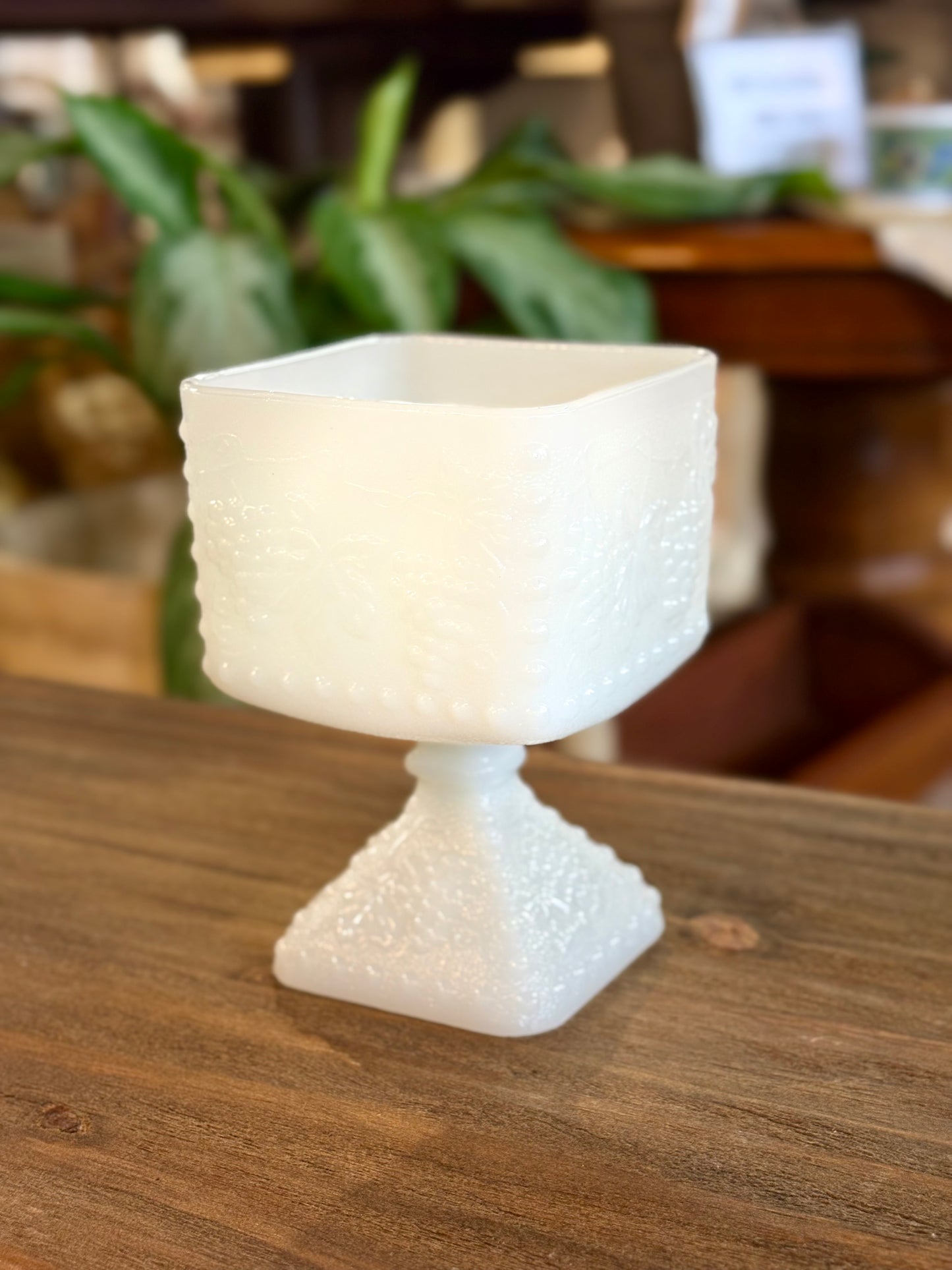 Milk Glass Square Candy Dish with Grape Design