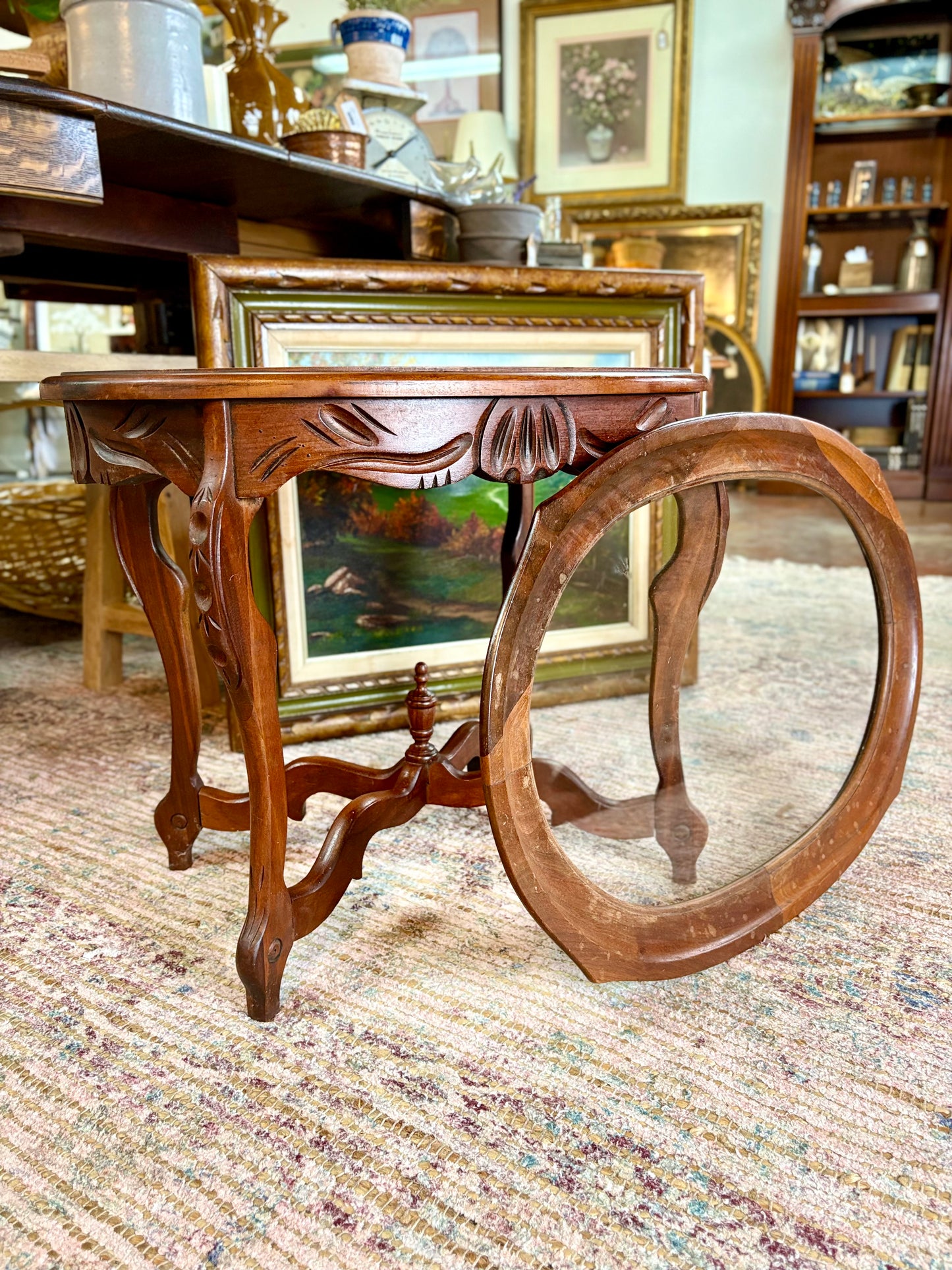 Vintage Etched Oval Side Table with Removable Tray
