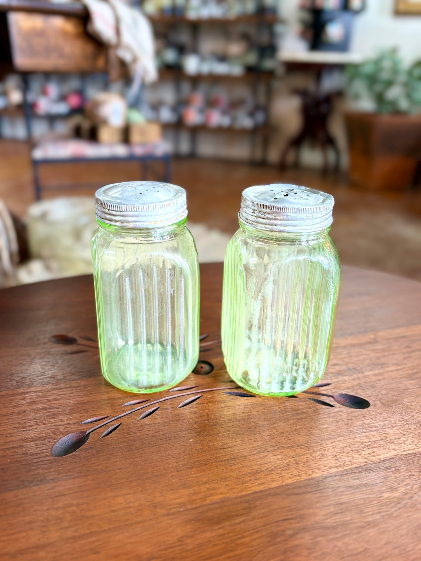 Hoosier Uranium Glass Ribbed Salt & Pepper Shaker Set