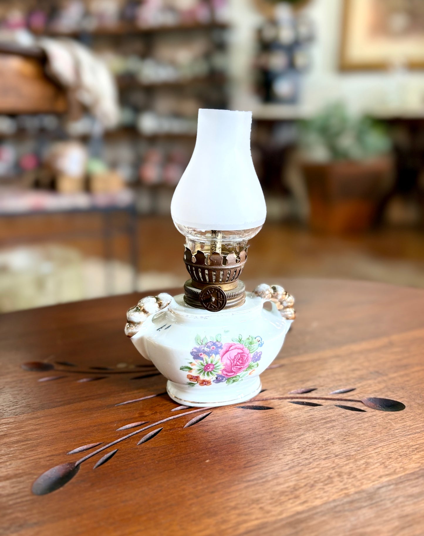 Vintage Mini Porcelain Oil Lamp with Flowers
