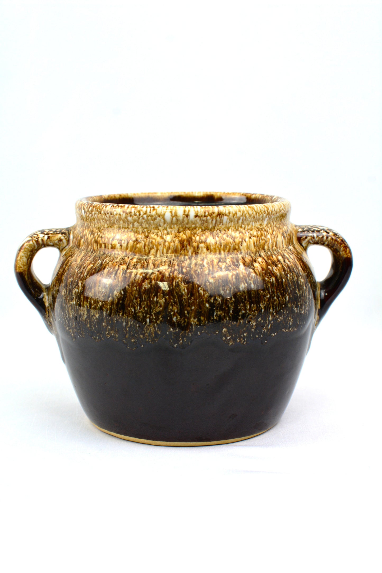 Vintage Stoneware Pot with Brown Drip Glaze Design
