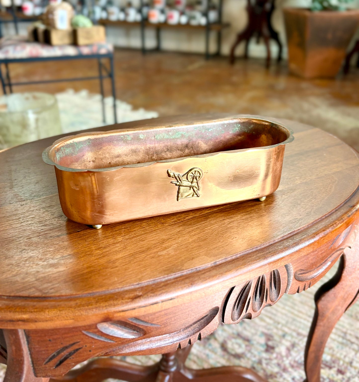 Vintage Copper Footed Scalloped Planter with Spinning Wheel