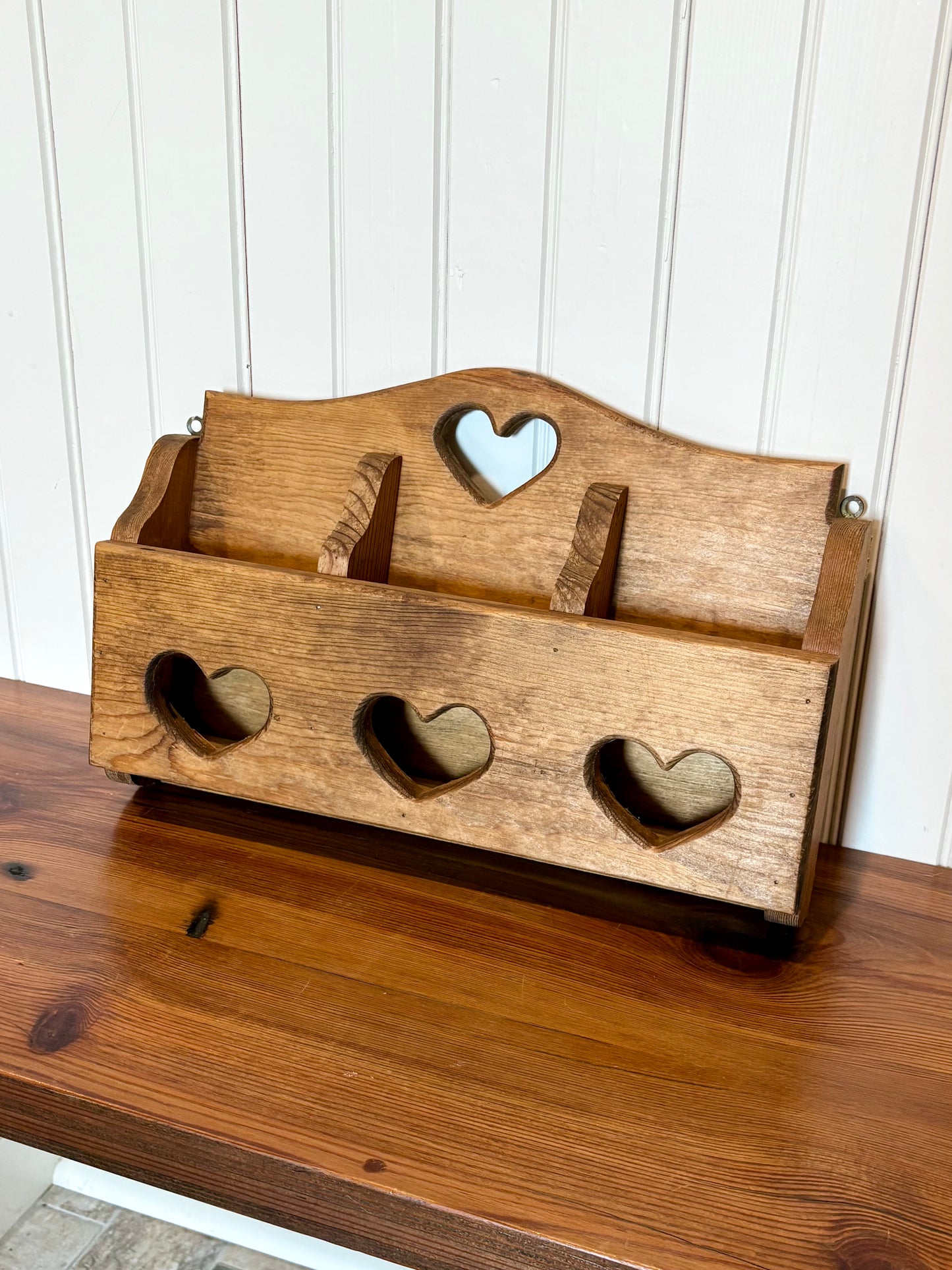 Vintage Wooden Mail Organizer w/Heart Cut-Outs