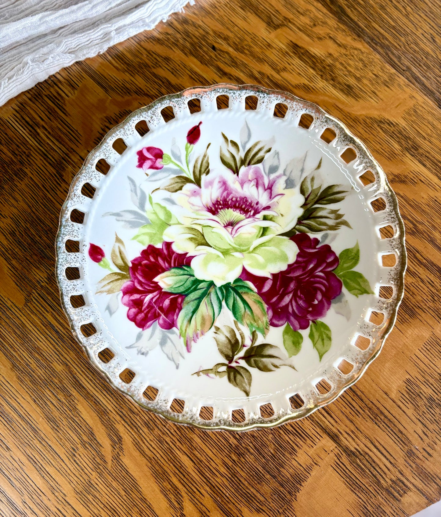 Vintage Pink Floral Plate with Lattice Trim