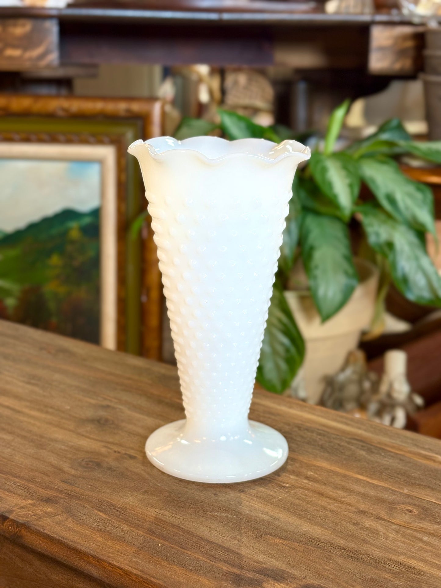 Hobnail Milk Glass Vase with Ruffle Edge