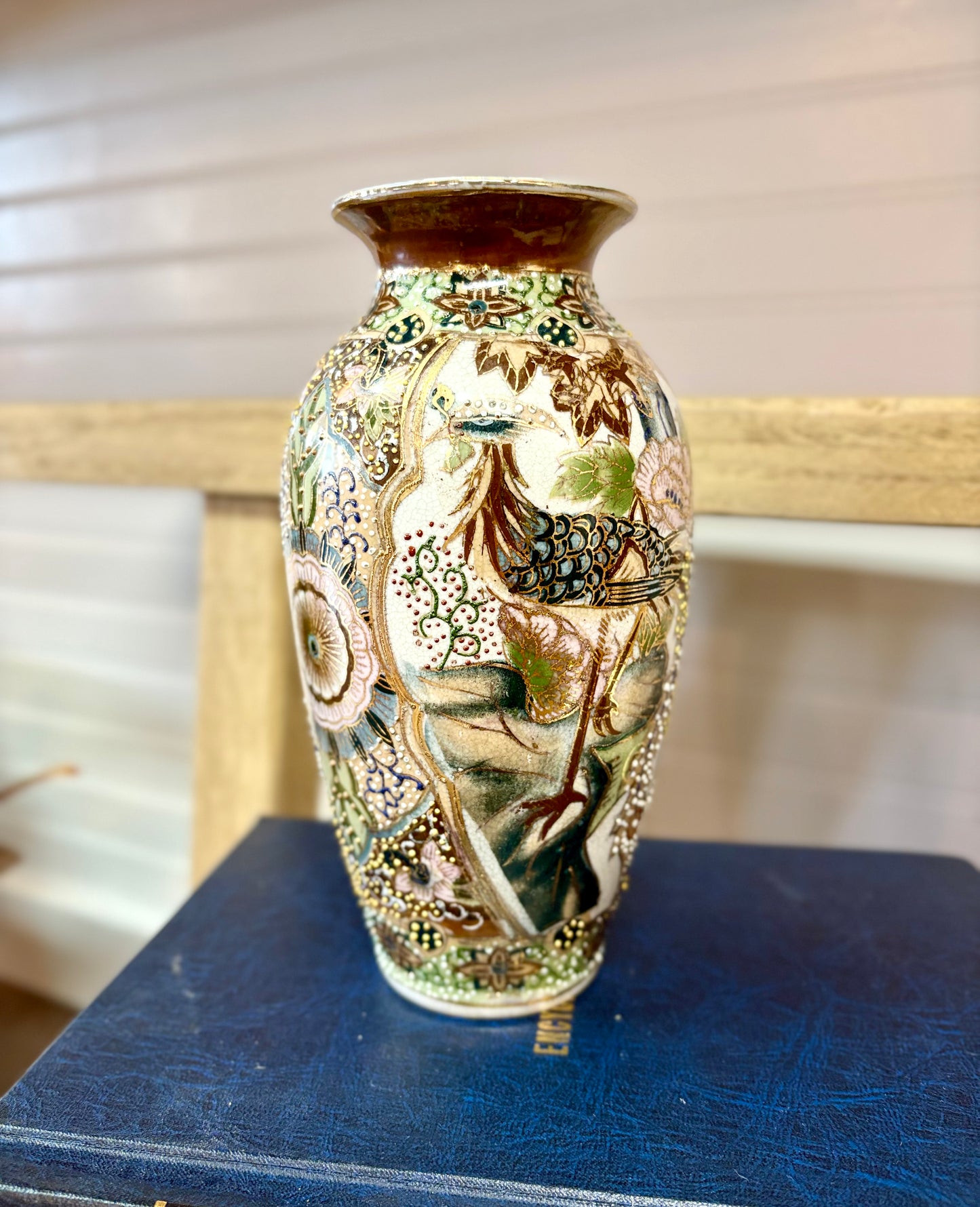 Vintage Japanese Bird & Floral Vase with Gold Trim