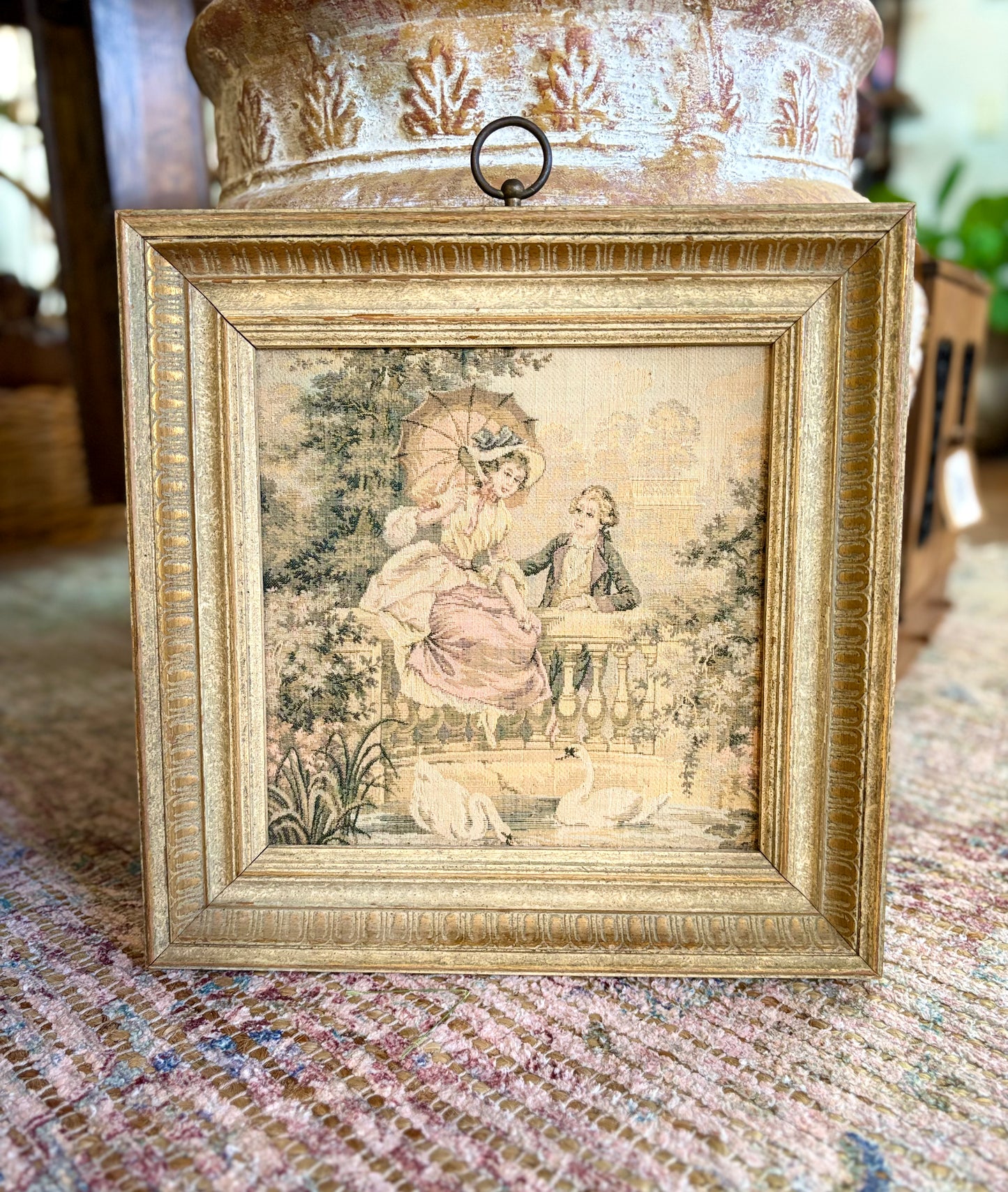 Vintage French Tapestry with Swans Wall Art