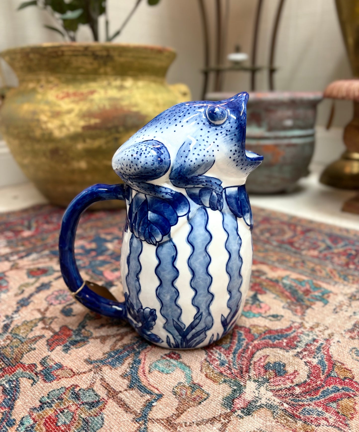 Vintage Blue & White Majolica Frog Pitcher