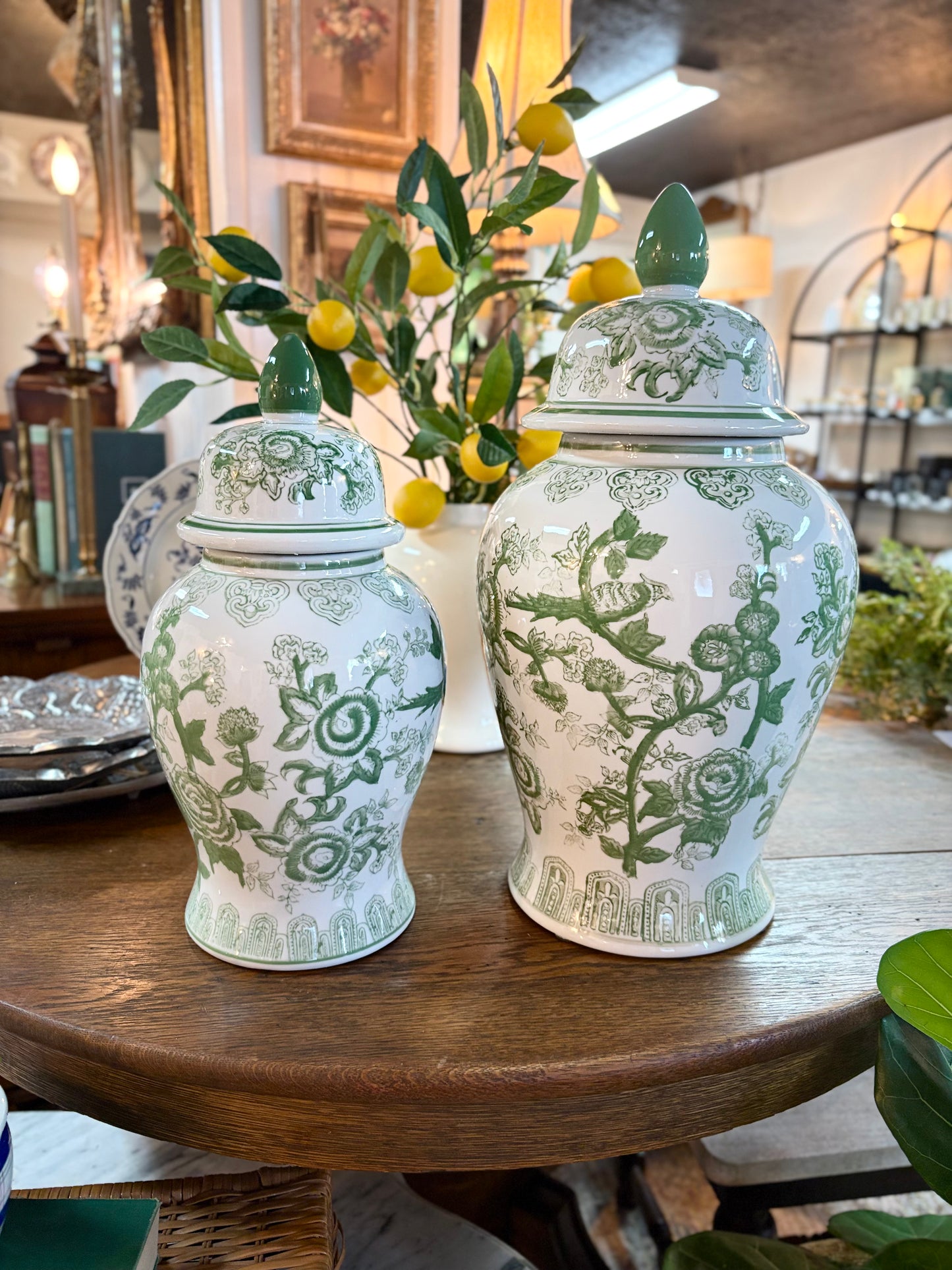 Green/White Ceramic Bird & Flower Ginger Jar