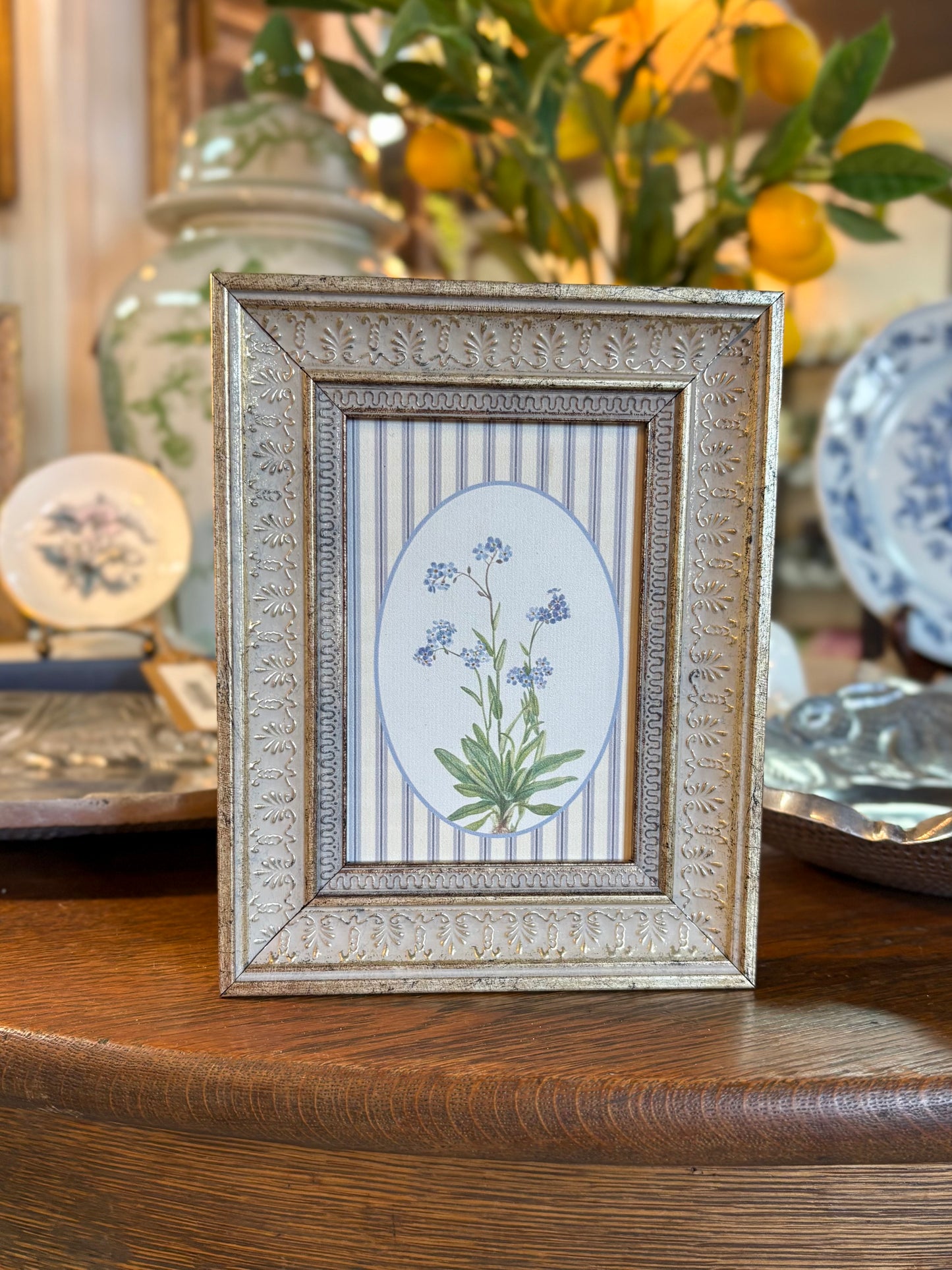 Blue Blooms on Stripe Wall Art
