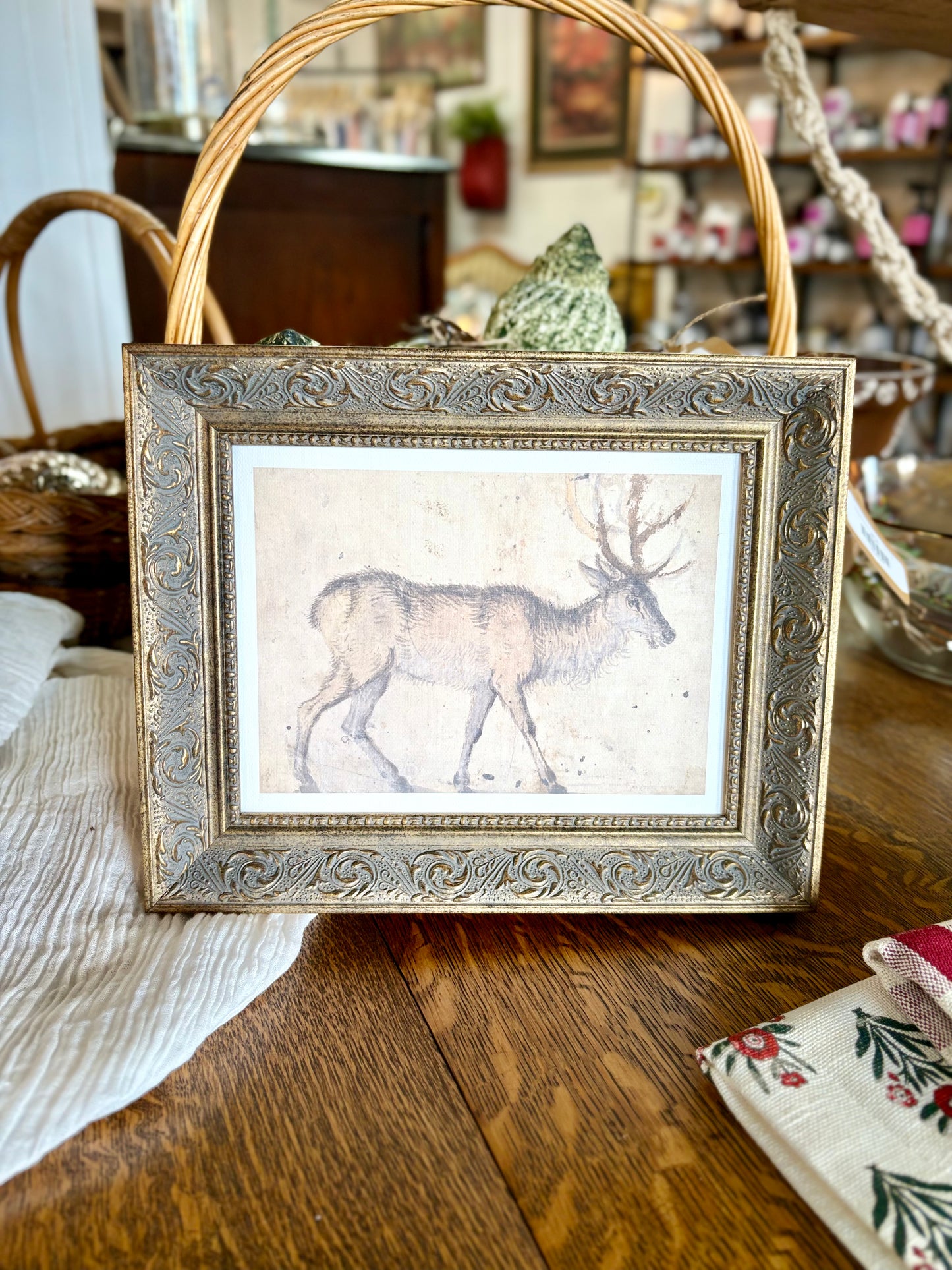 Vintage Reindeer Framed Antique Art: 10x8