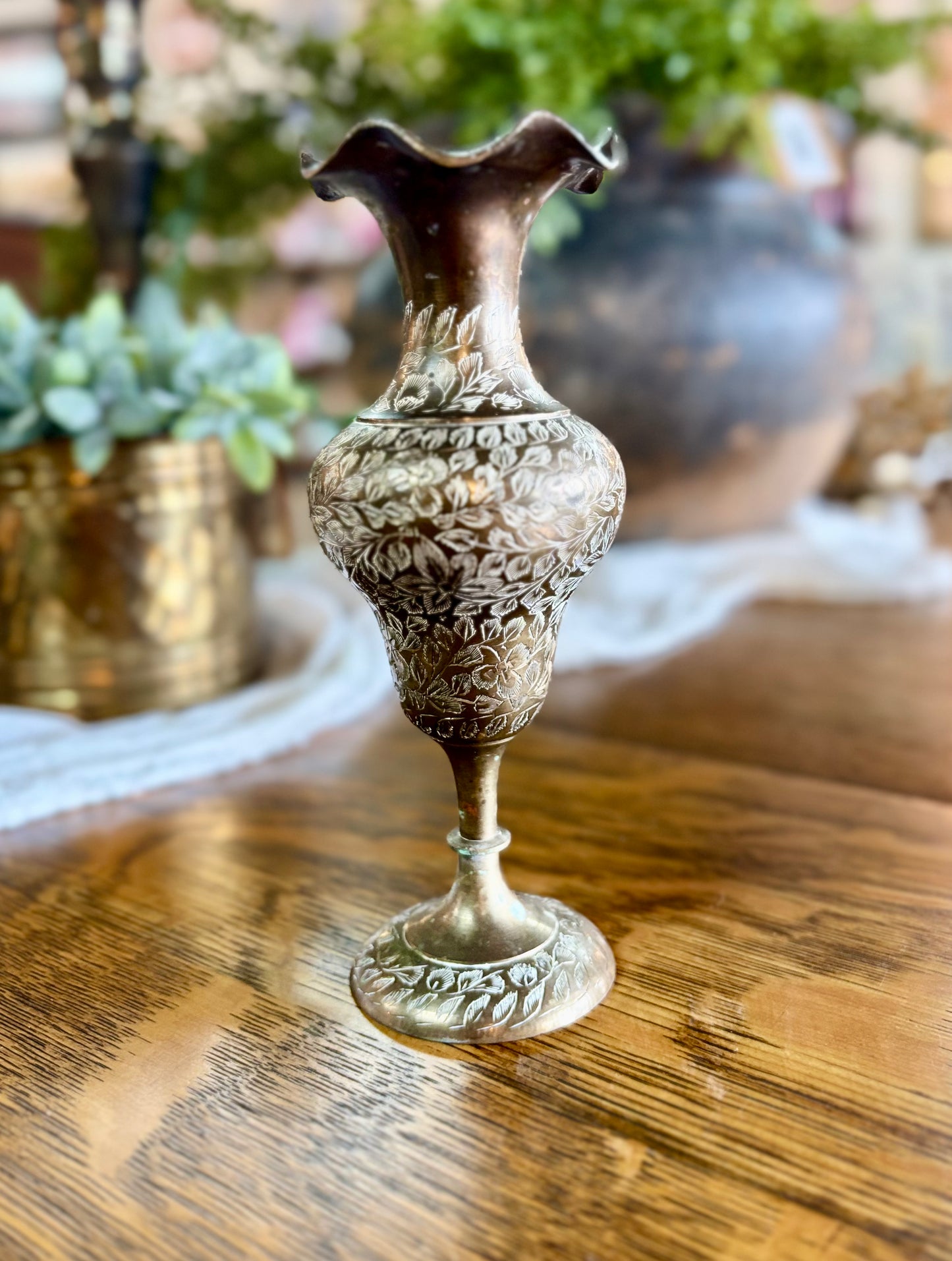 Vintage Brass Etched Vase with Scallop Detail