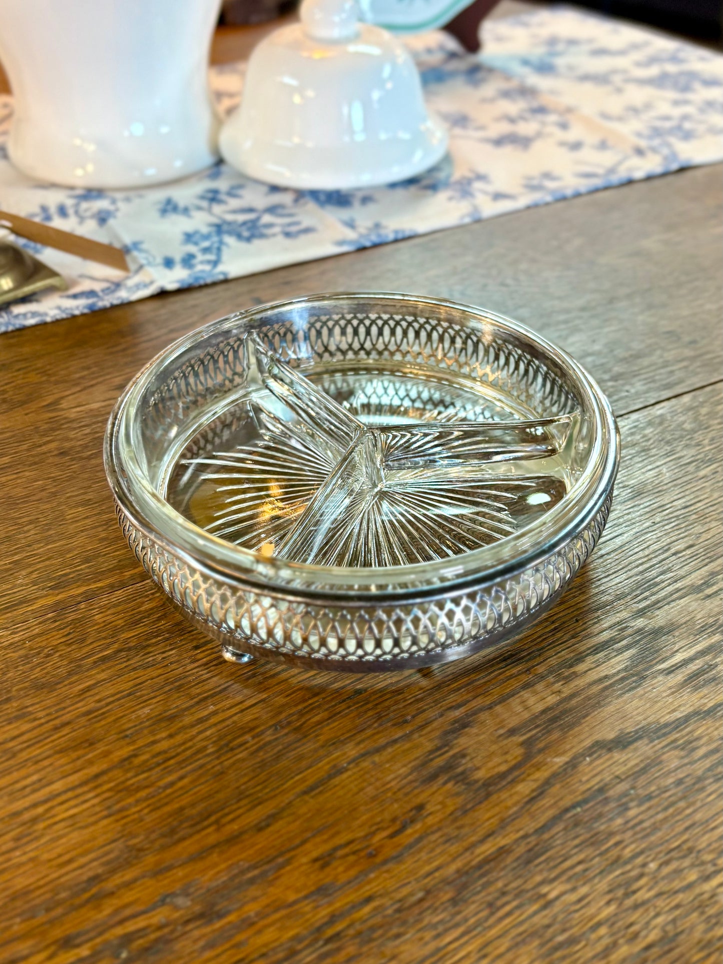 Vintage Crescent Silver Plate Divided Glass Dish