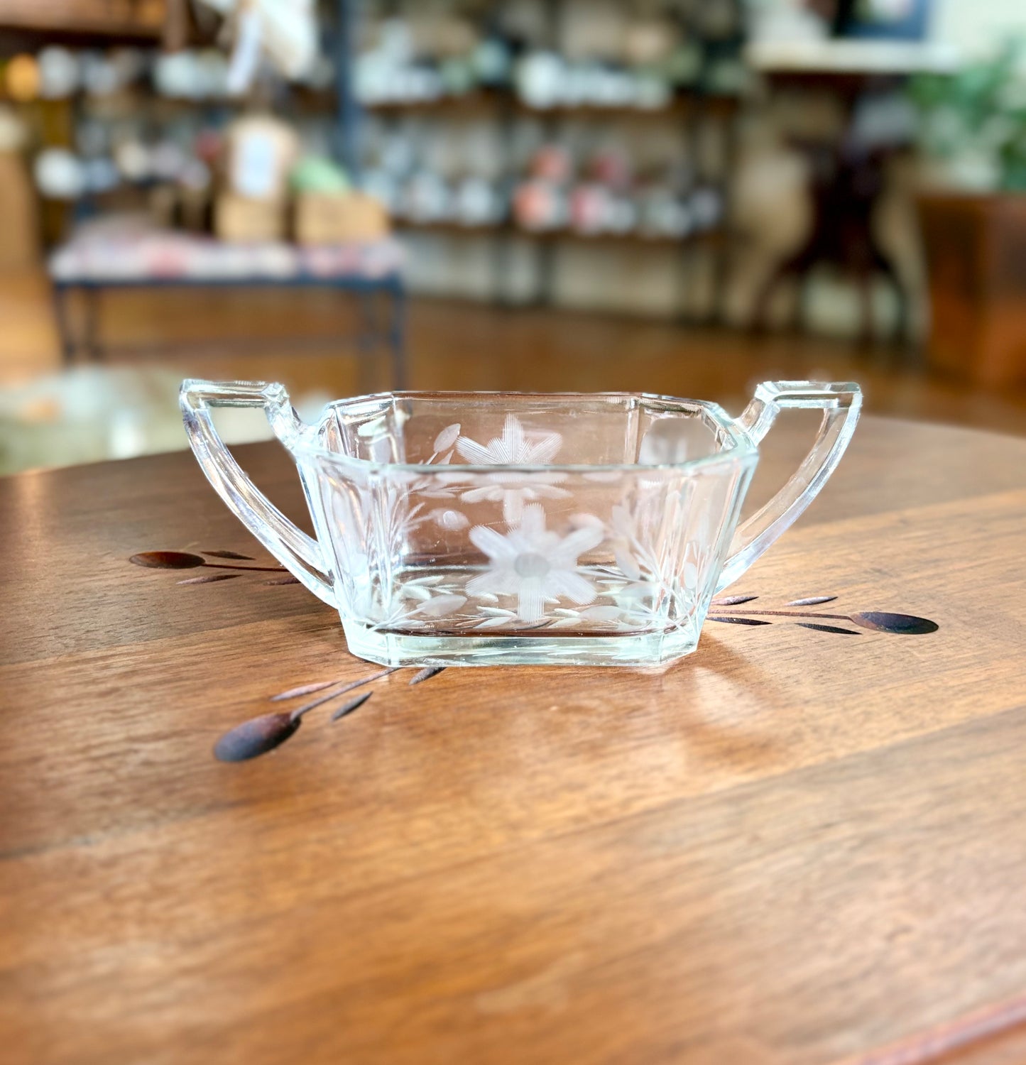 Vintage Sugar Bowl with Flower Etching