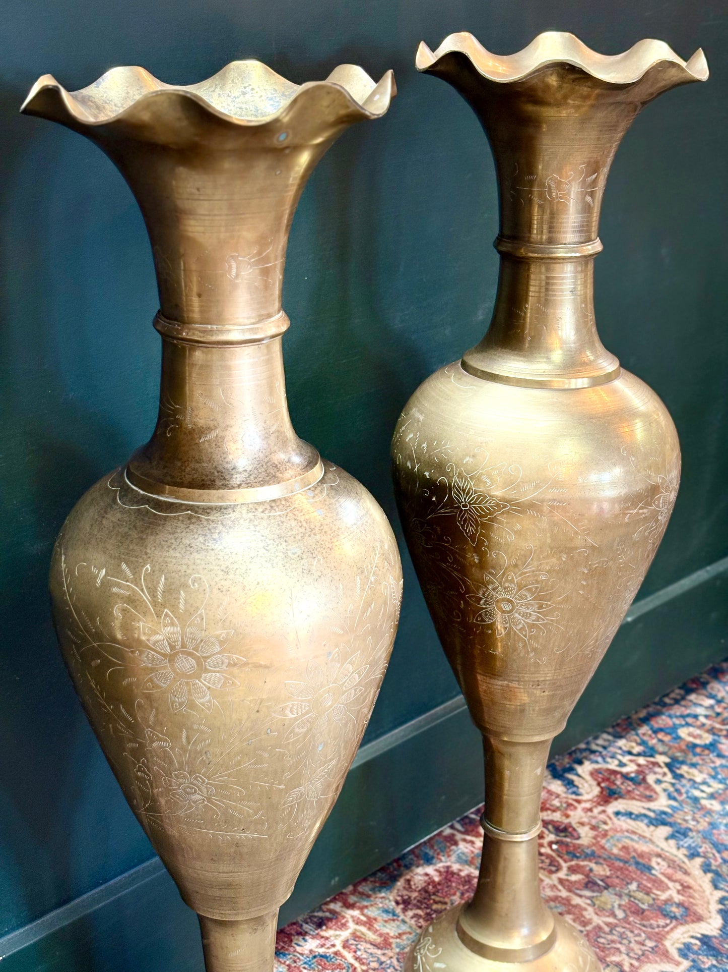 Vintage Brass Floor Vase with Etched Flowers