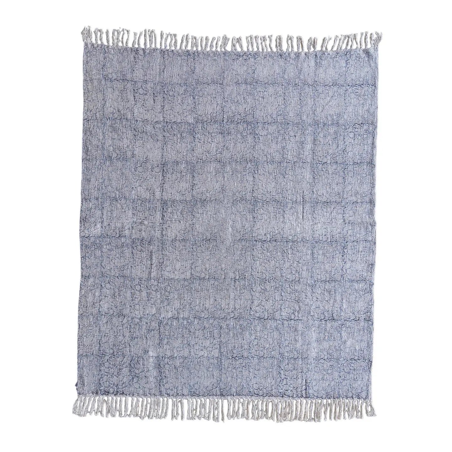 Handloom Cotton Block Print Throw Blanket- Blue