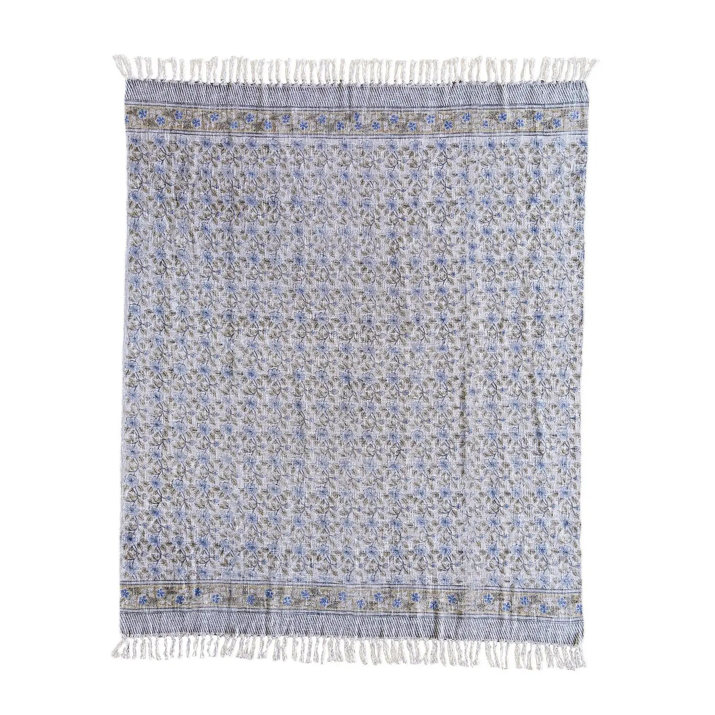 Handloom Cotton Block Print Throw Blanket- Blue & Golden Mustard