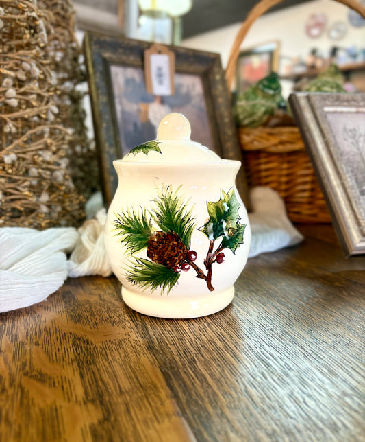 Vintage Holly Berry & Pinecone Sugar Container