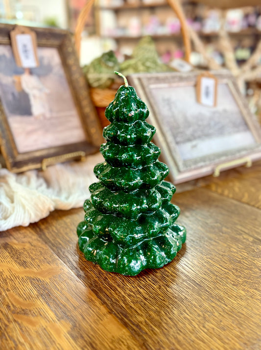 Green Christmas Tree Candle with Gold Stars