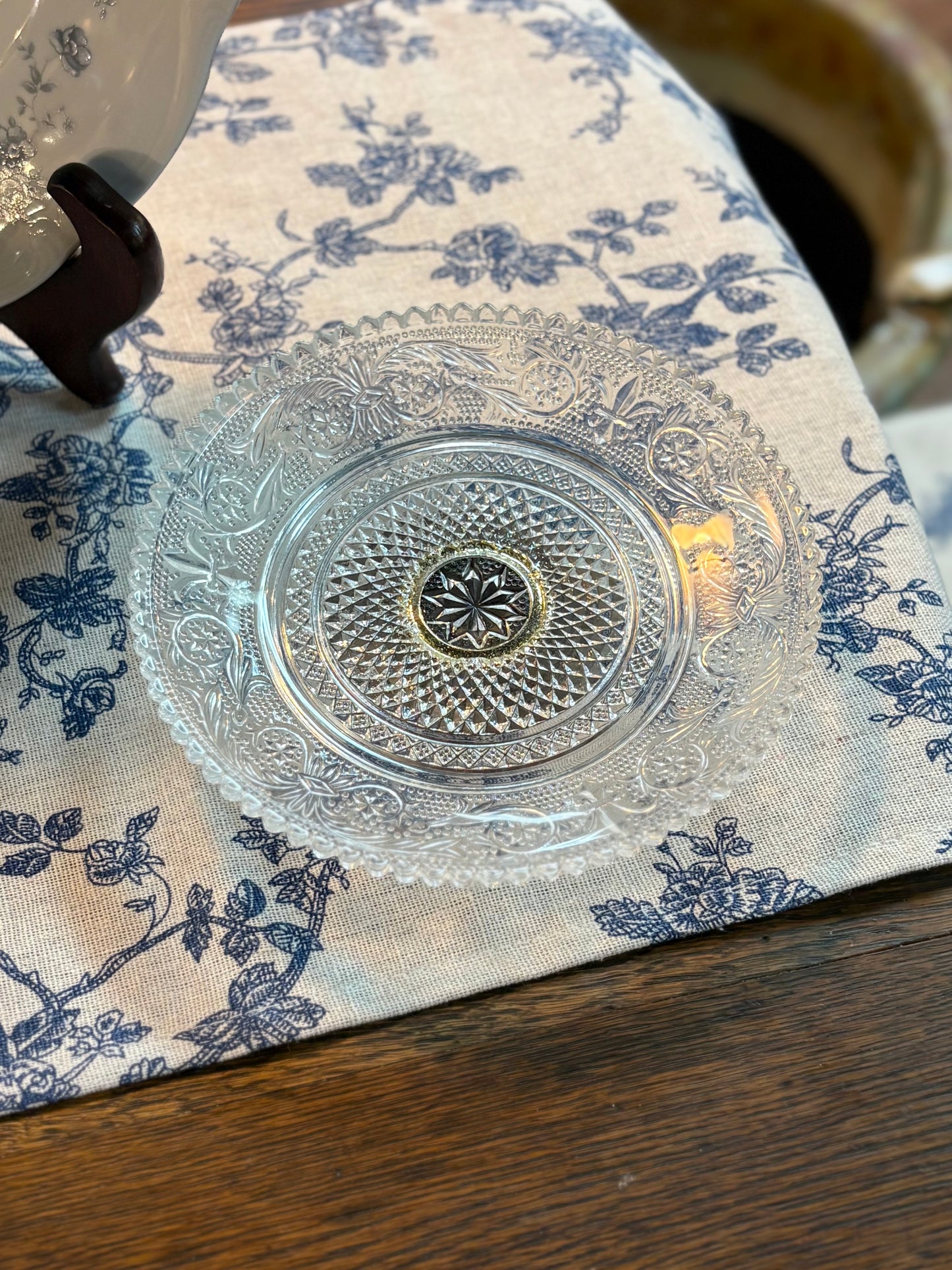Vintage Etched Glass Dish with Silver-Plated Pedestal