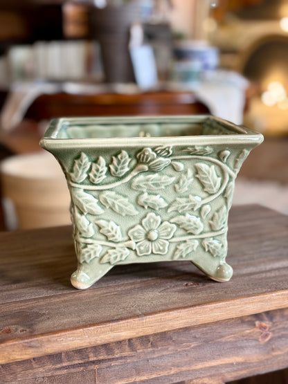 Green Floral Footed Planter