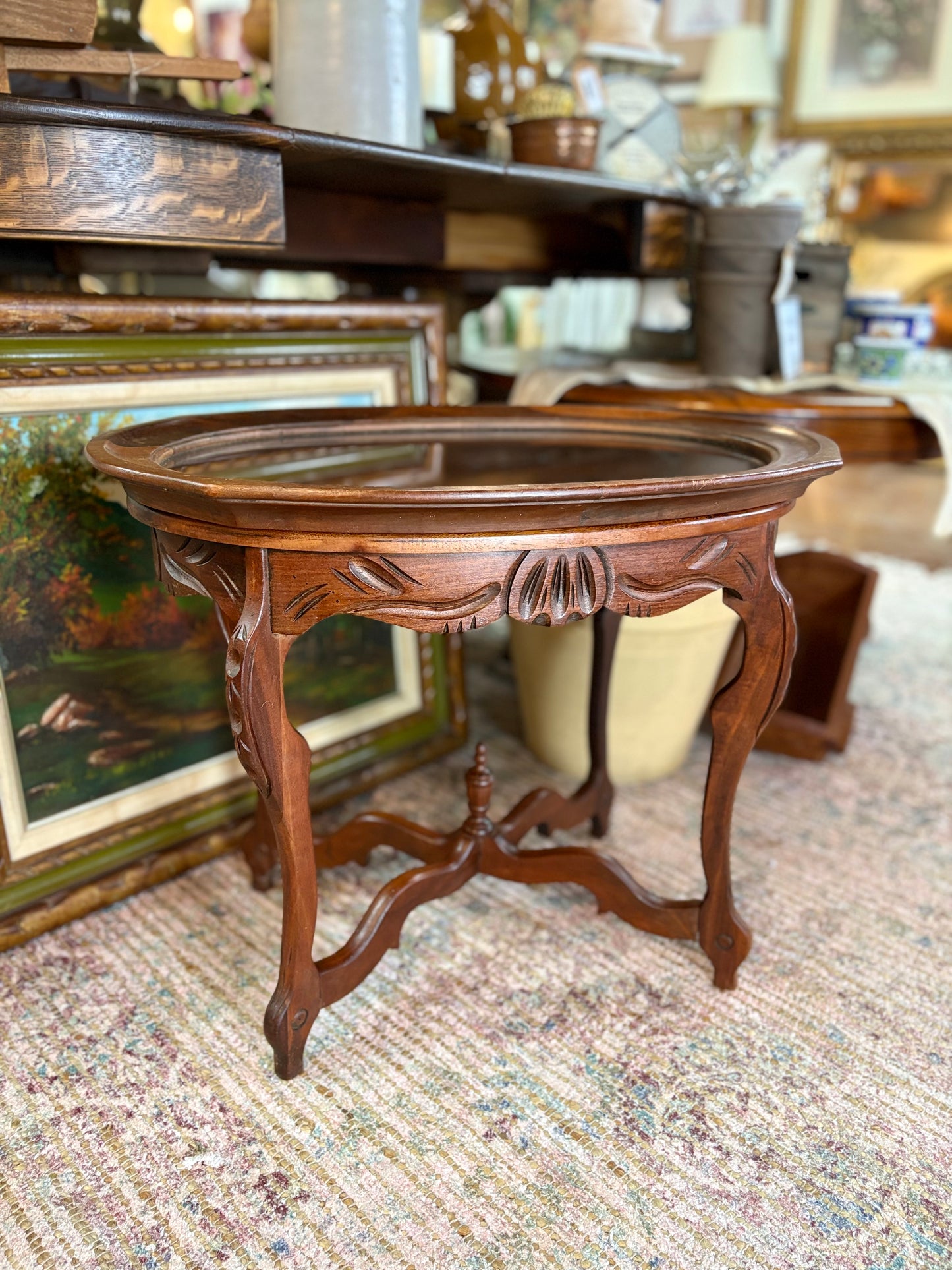 Vintage Etched Oval Side Table with Removable Tray