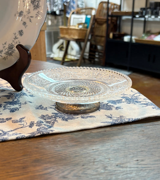 Vintage Etched Glass Dish with Silver-Plated Pedestal