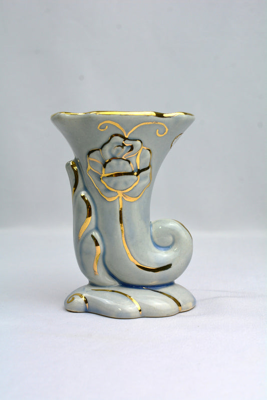 Vintage Blue Rose Cornucopia Vase