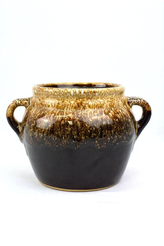 Vintage Stoneware Pot with Brown Drip Glaze Design