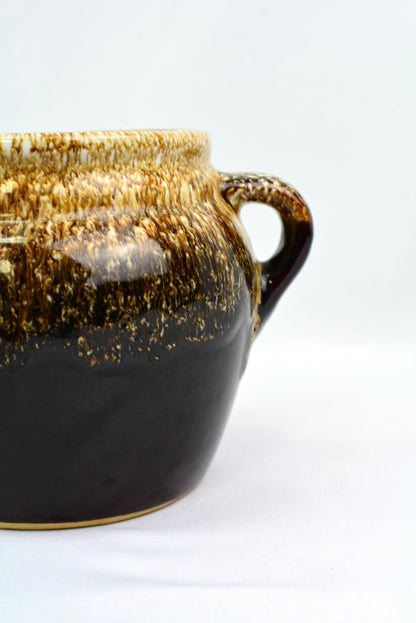Vintage Stoneware Pot with Brown Drip Glaze Design