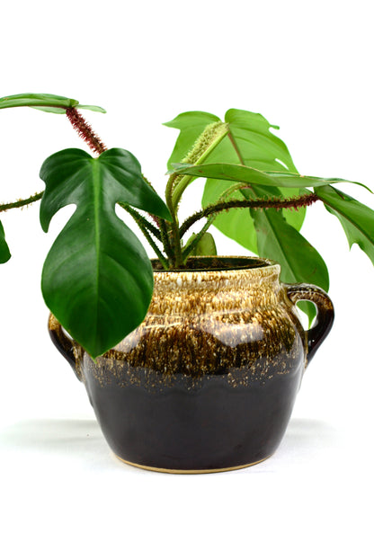 Vintage Stoneware Pot with Brown Drip Glaze Design