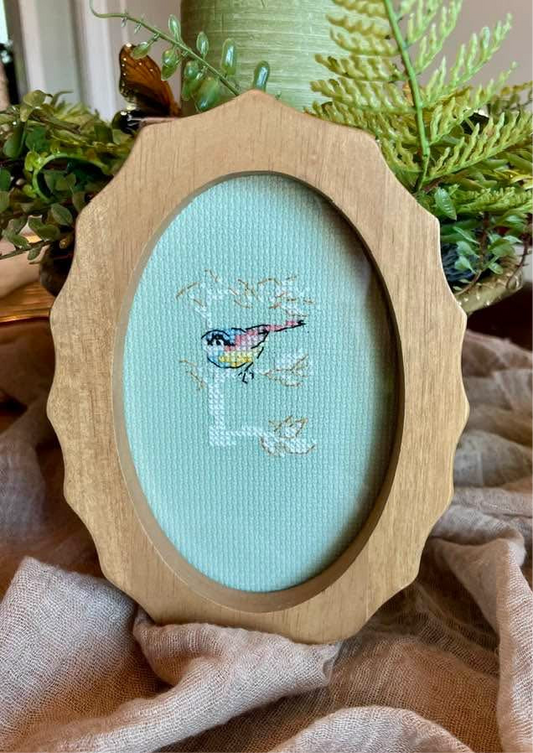 Hand Embroidered Framed Letter E with Bird