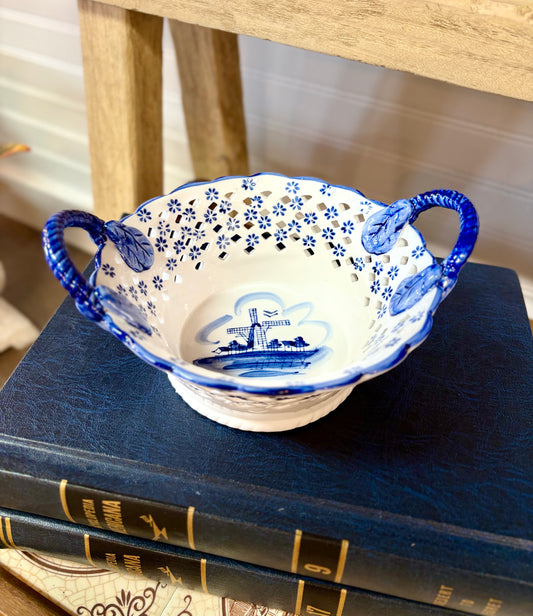 Vintage Delftware Blue & White Basket Dish