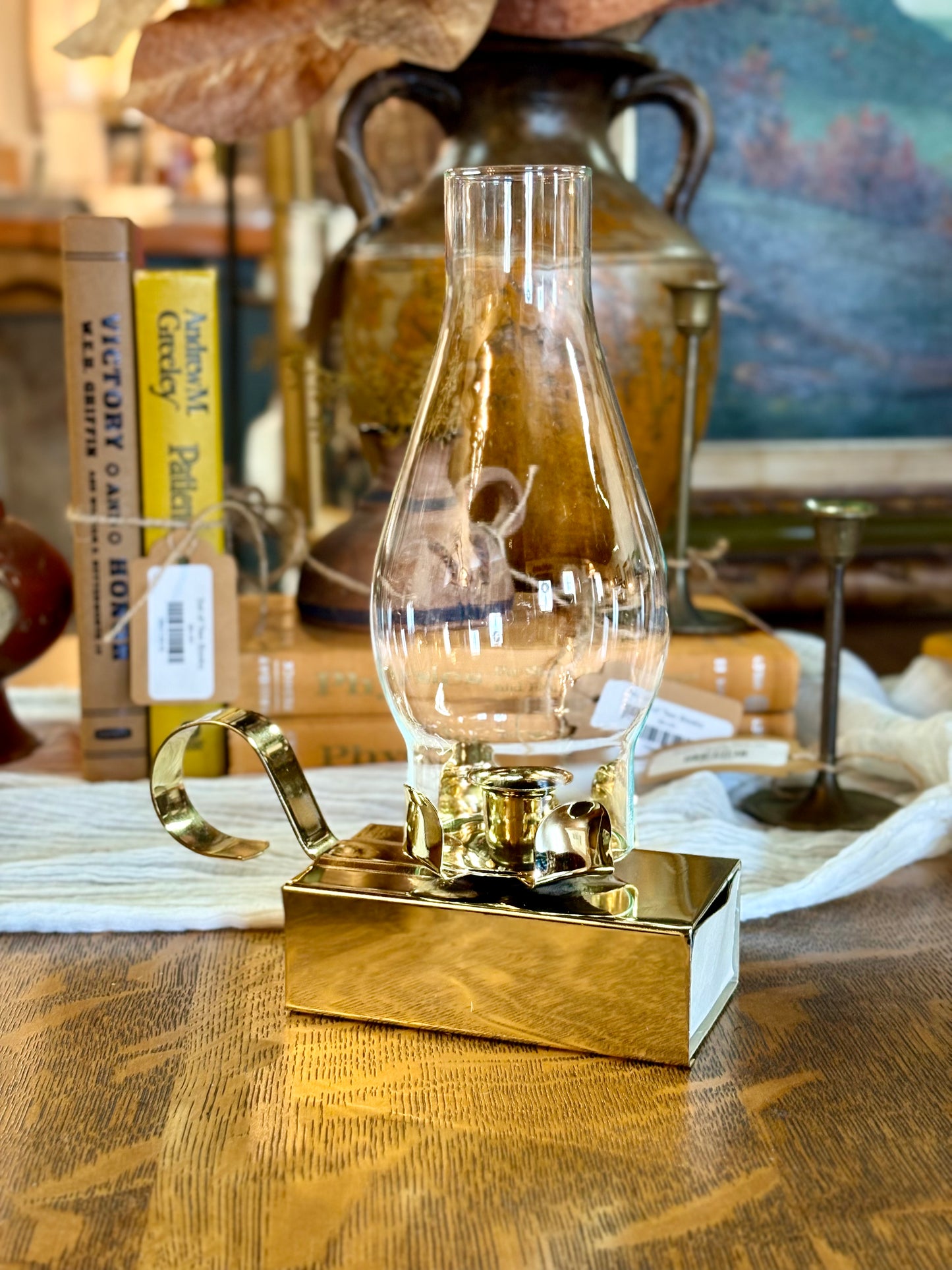 Vintage Gold Chamberstick with Matchbox Holder & Hurricane