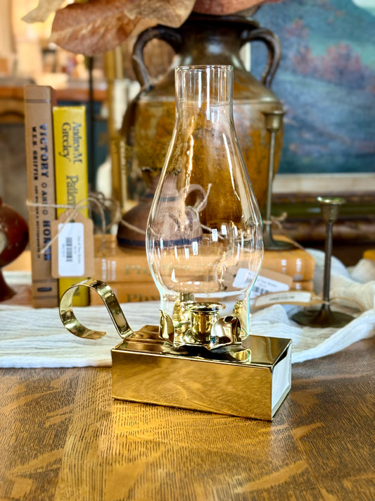 Vintage Gold Chamberstick with Matchbox Holder & Hurricane