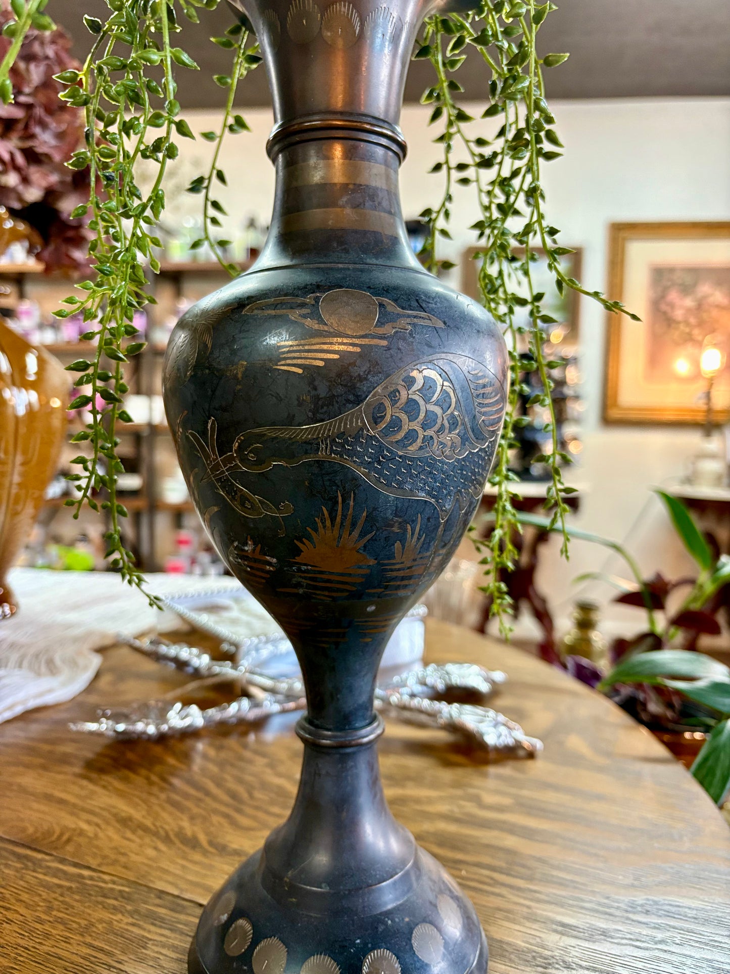 Vtg Brass Etched Bird/Flower Ruffle Vase