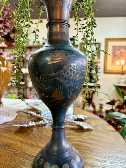 Vtg Brass Etched Bird/Flower Ruffle Vase
