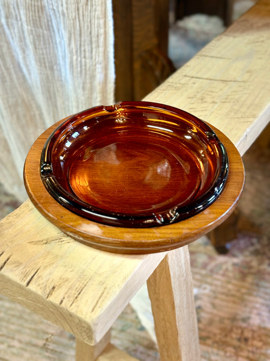 Vintage Amber & Wood Ashtray