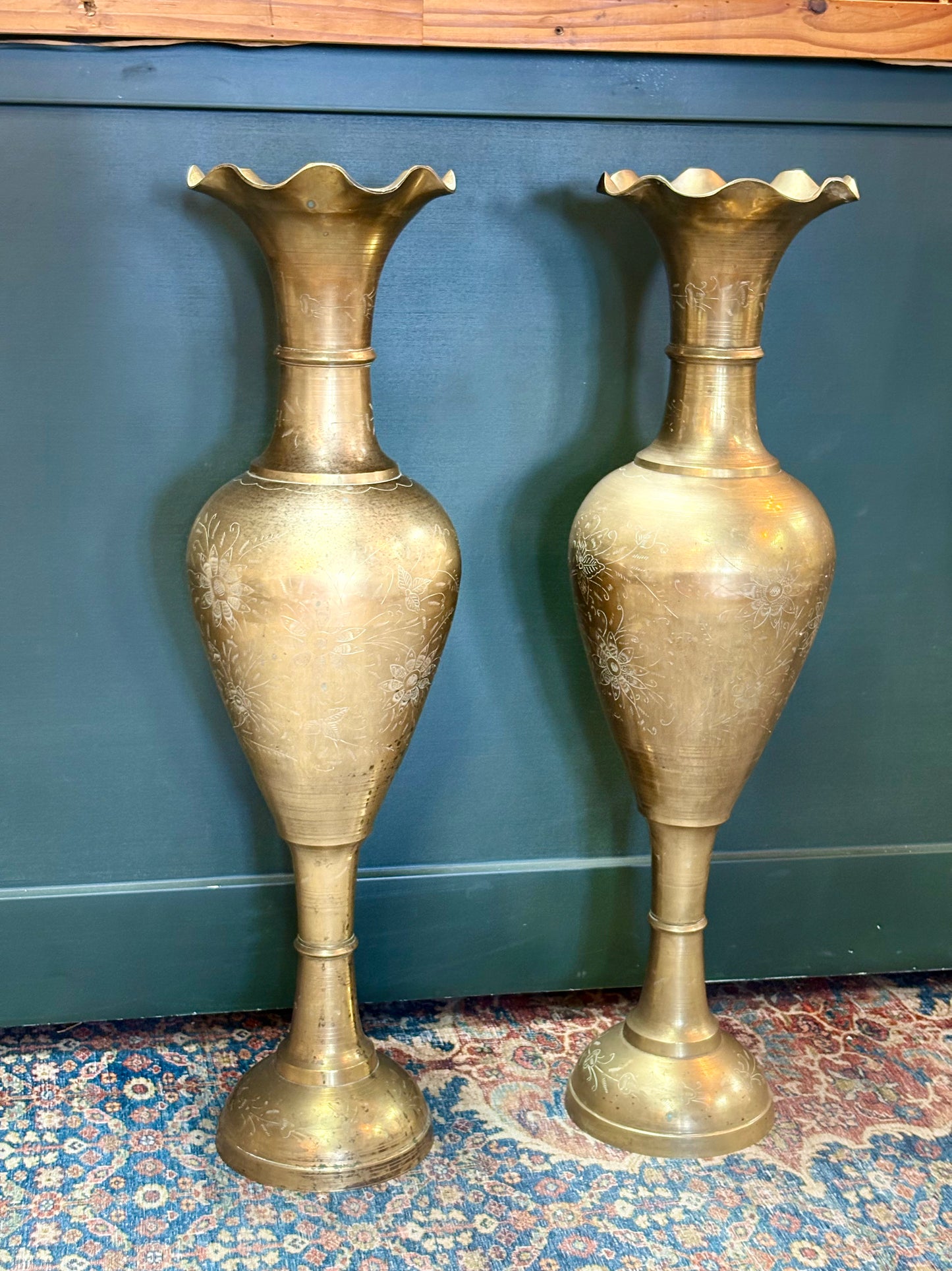 Vintage Brass Floor Vase with Etched Flowers