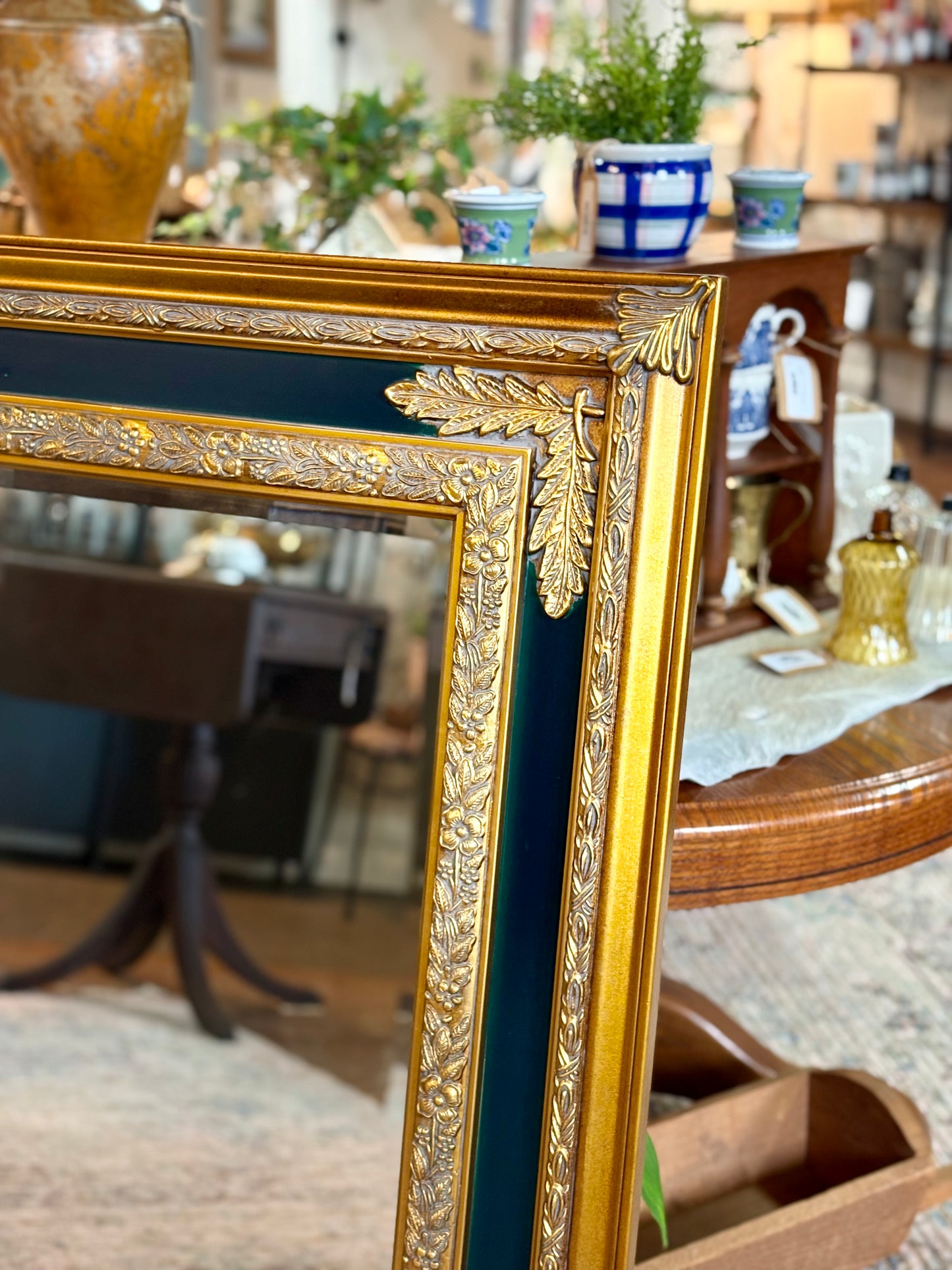 Vintage Green & Gold Mirror with Flower Detail 35.5”x 31.5”