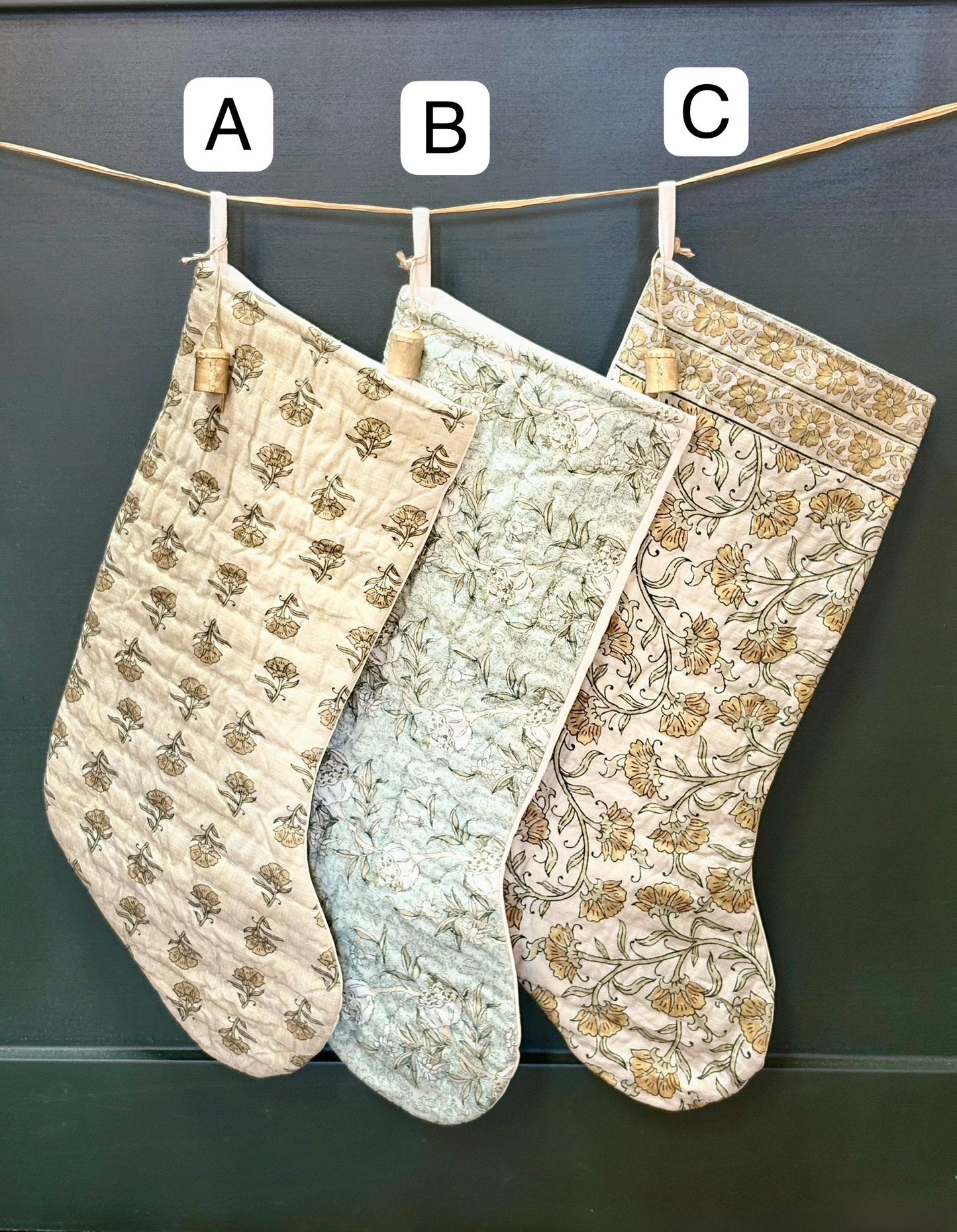Quilted Block Print Stocking with Bell