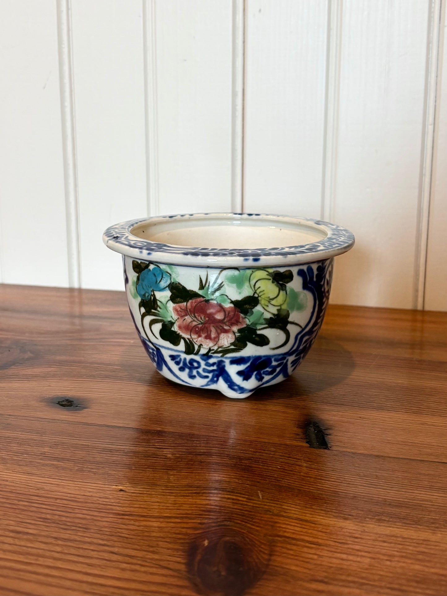 Hand painted Planter with Blue/Yellow/Pink Flowers 5.25"