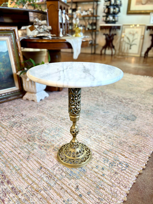 Vintage Ornate Brass & Marble Round Pedestal Table