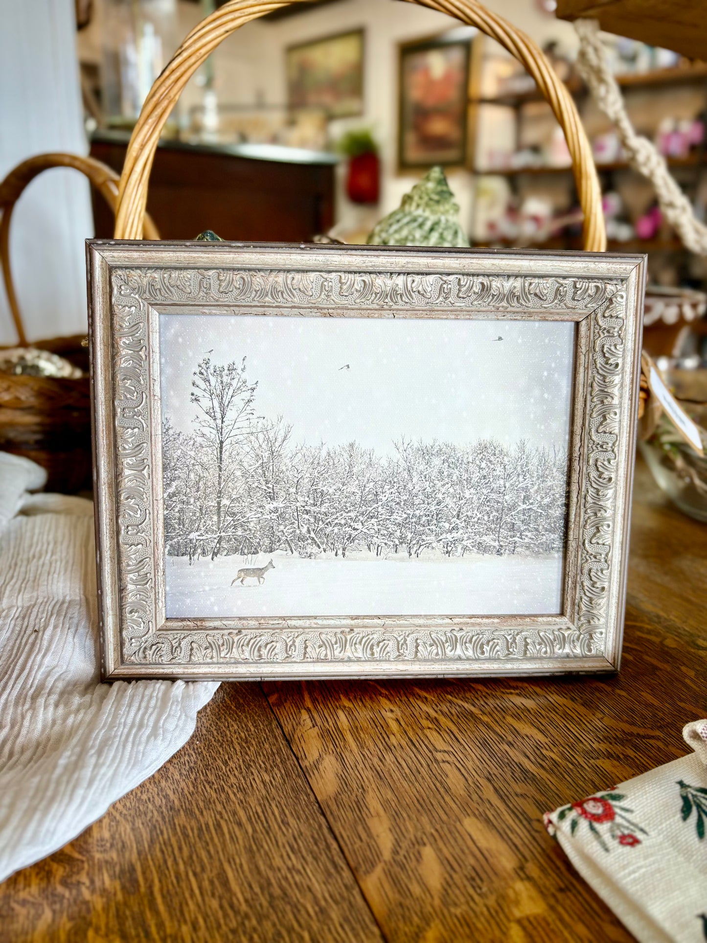 Winter Fawn Framed Antique Art: 10x8