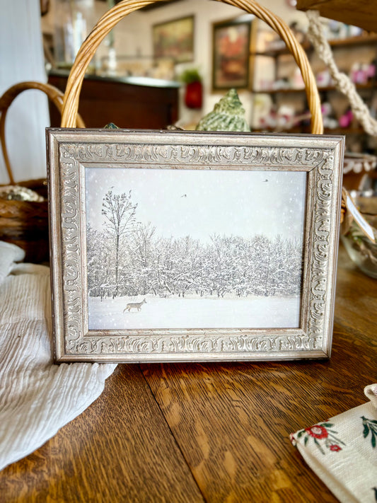 Winter Fawn Framed Antique Art: 10x8