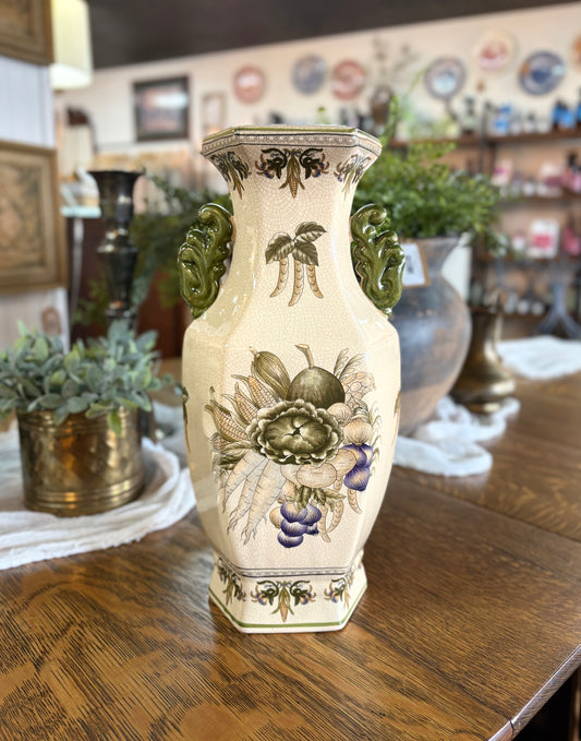Cream Ceramic Harvest Vase with Olive Green Handles